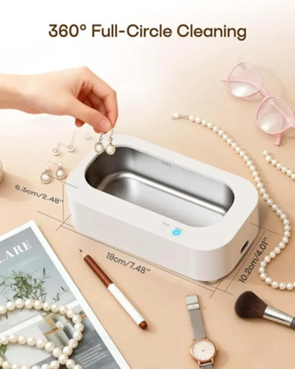Ultrasonic Jewelry Cleaner 48Khz Stainless Steel 350Ml Deep Clean for Rings